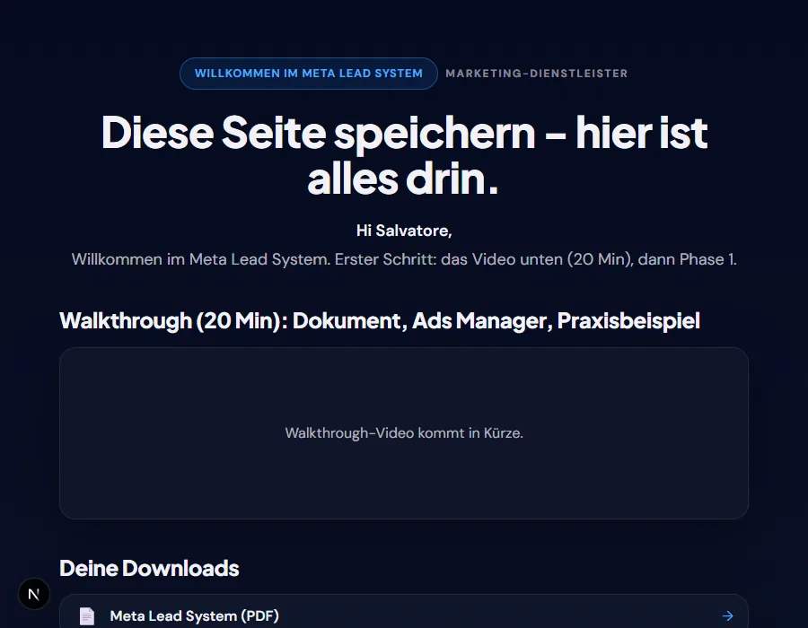 Die Zugangsseite nach dem Kauf